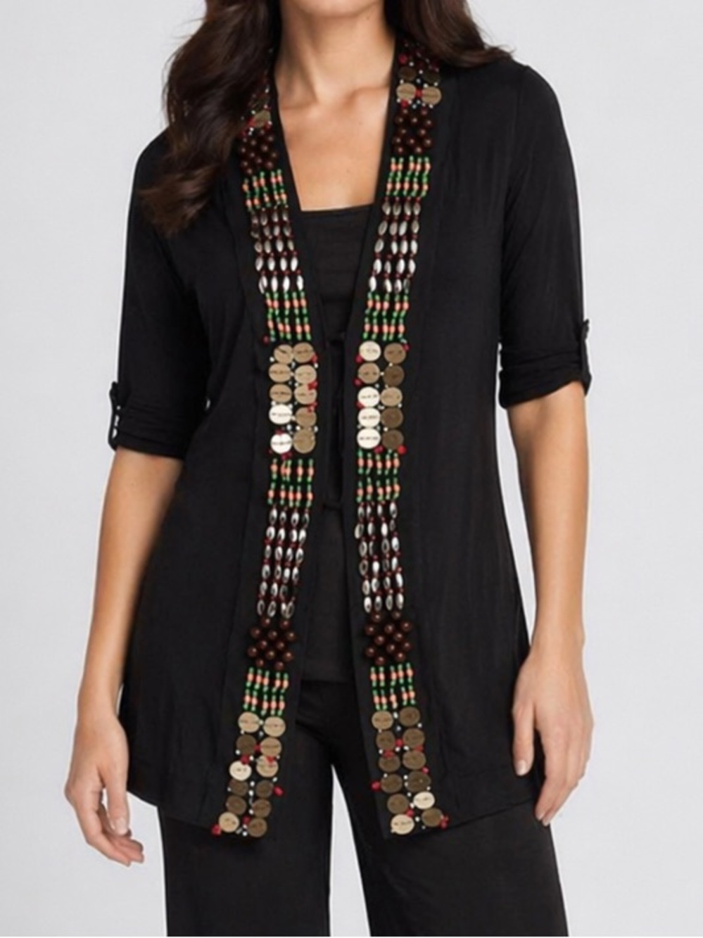 Nanette Lepore 1000 Temple Open-Front Beaded Cardigan Sweater Black Large Boho - Picture 1 of 9